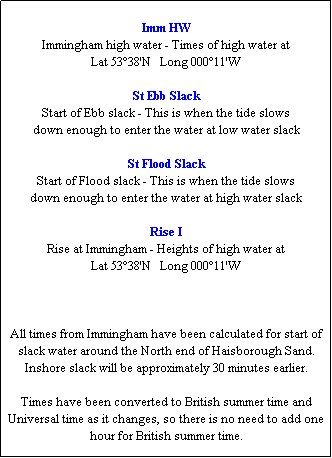Text Box: Imm HW
Immingham high water - Times of high water at
Lat 53�38'N   Long 000�11'W

St Ebb Slack
Start of Ebb slack - This is when the tide slows
down enough to enter the water at low water slack

St Flood Slack
Start of Flood slack - This is when the tide slows
down enough to enter the water at high water slack

Rise I
Rise at Immingham - Heights of high water at
Lat 53�38'N   Long 000�11'W



All times from Immingham have been calculated for start of slack water around the North end of Haisborough Sand.
Inshore slack will be approximately 30 minutes earlier.

Times have been converted to British summer time and Universal time as it changes, so there is no need to add one hour for British summer time.


